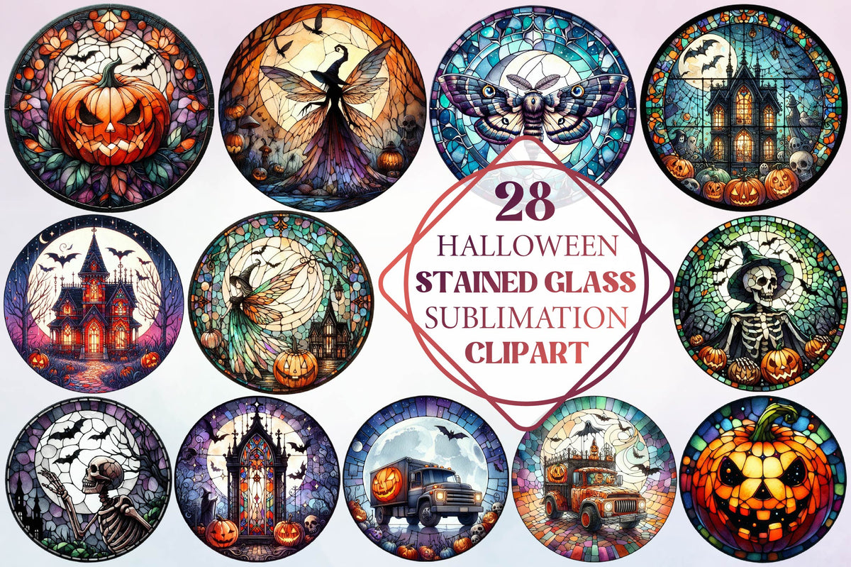 28 Halloween Stained Glass Sublimation Clipart PNG Bundle