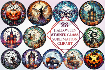 28 Halloween Stained Glass Sublimation Clipart PNG Bundle
