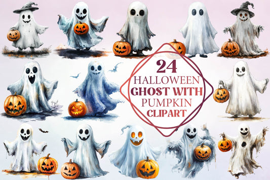24 Halloween Ghost With Pumpkin Clipart PNG Bundle