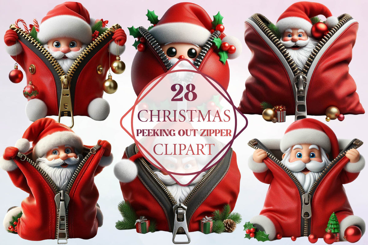 28 Christmas Santa Peeking Out Zipper Clipart Bundle PNG, Santa Christmas Sublimation
