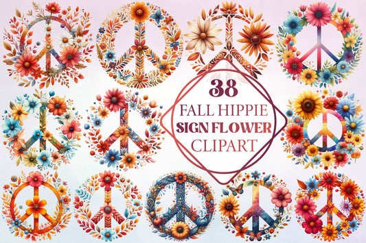 38 Fall Hippie Sign Flower Clipart Bundle