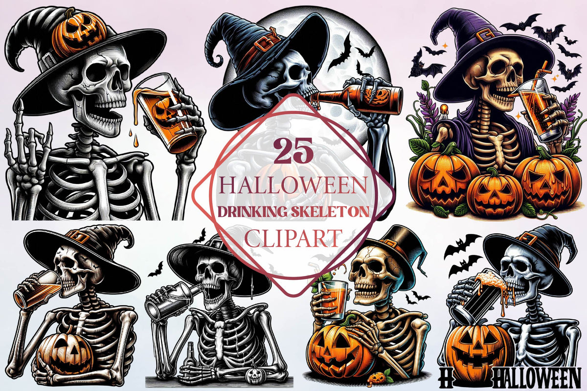 25 Halloween Drinking Skeleton Clipart Bundle PNG, Spooky Skeleton Drinking Halloween Sublimation