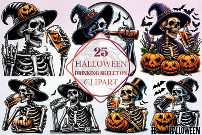 25 Halloween Drinking Skeleton Clipart Bundle PNG, Spooky Skeleton Drinking Halloween Sublimation