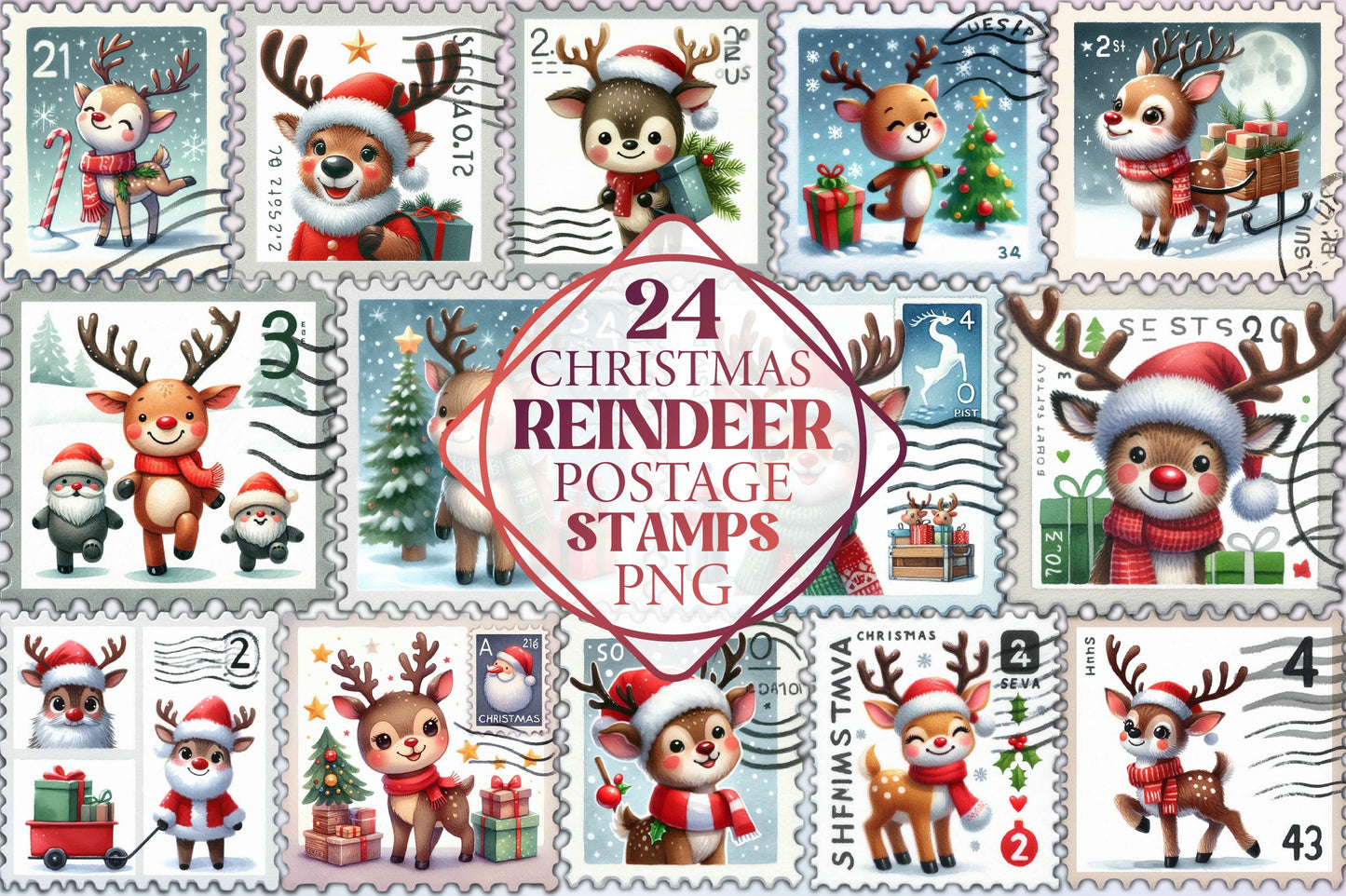 24 Christmas Reindeer Postage Stamps PNG Bundle