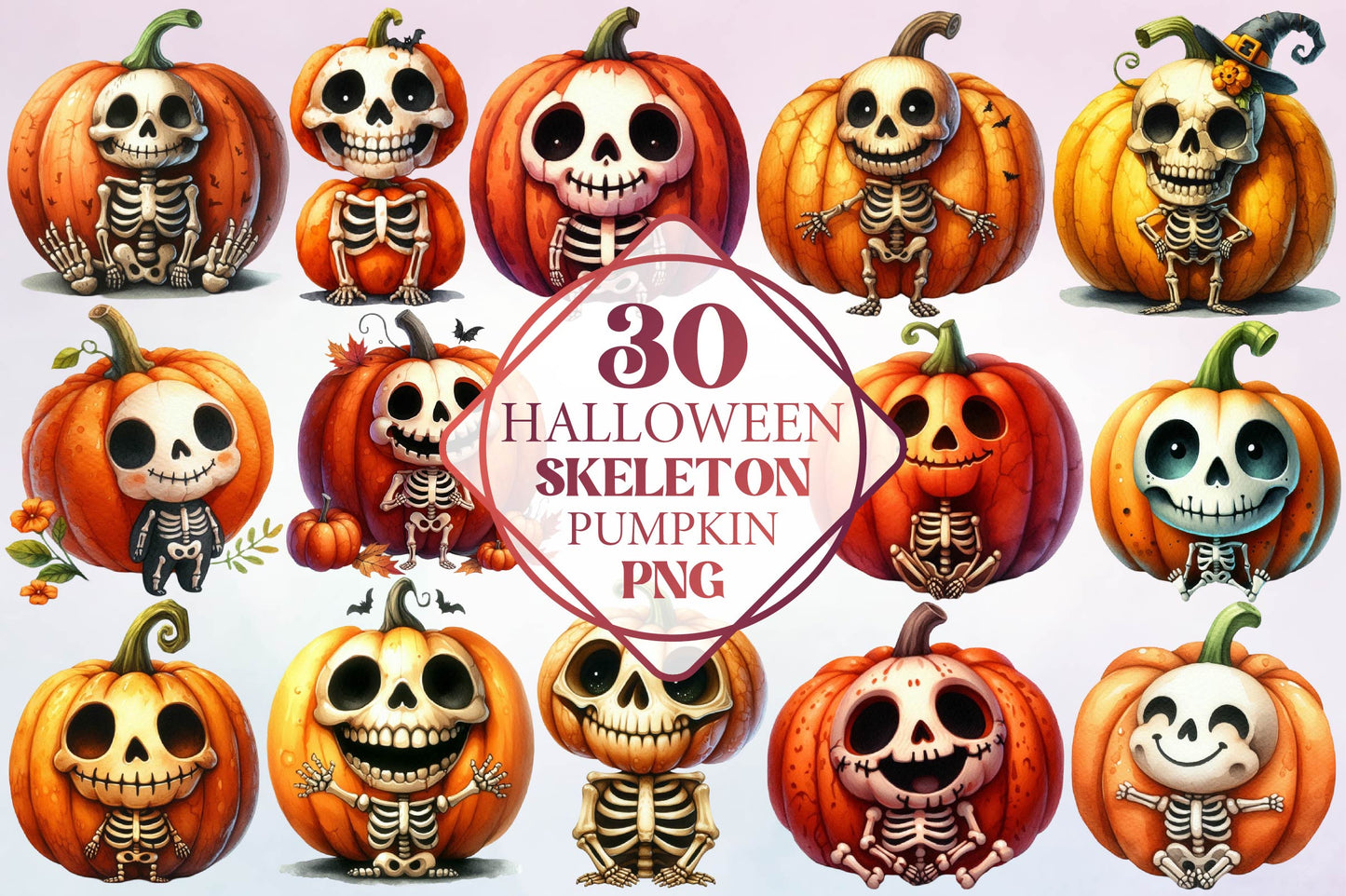 Halloween Skeleton Pumpkin Watercolor Clipart PNG Bundle