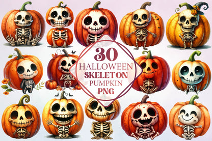 Halloween Skeleton Pumpkin Watercolor Clipart PNG Bundle