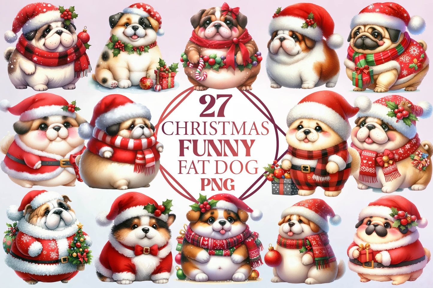 Christmas Funny Fat Dog Watercolor Clipart PNG Bundle