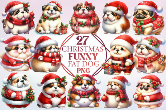 Christmas Funny Fat Dog Watercolor Clipart PNG Bundle