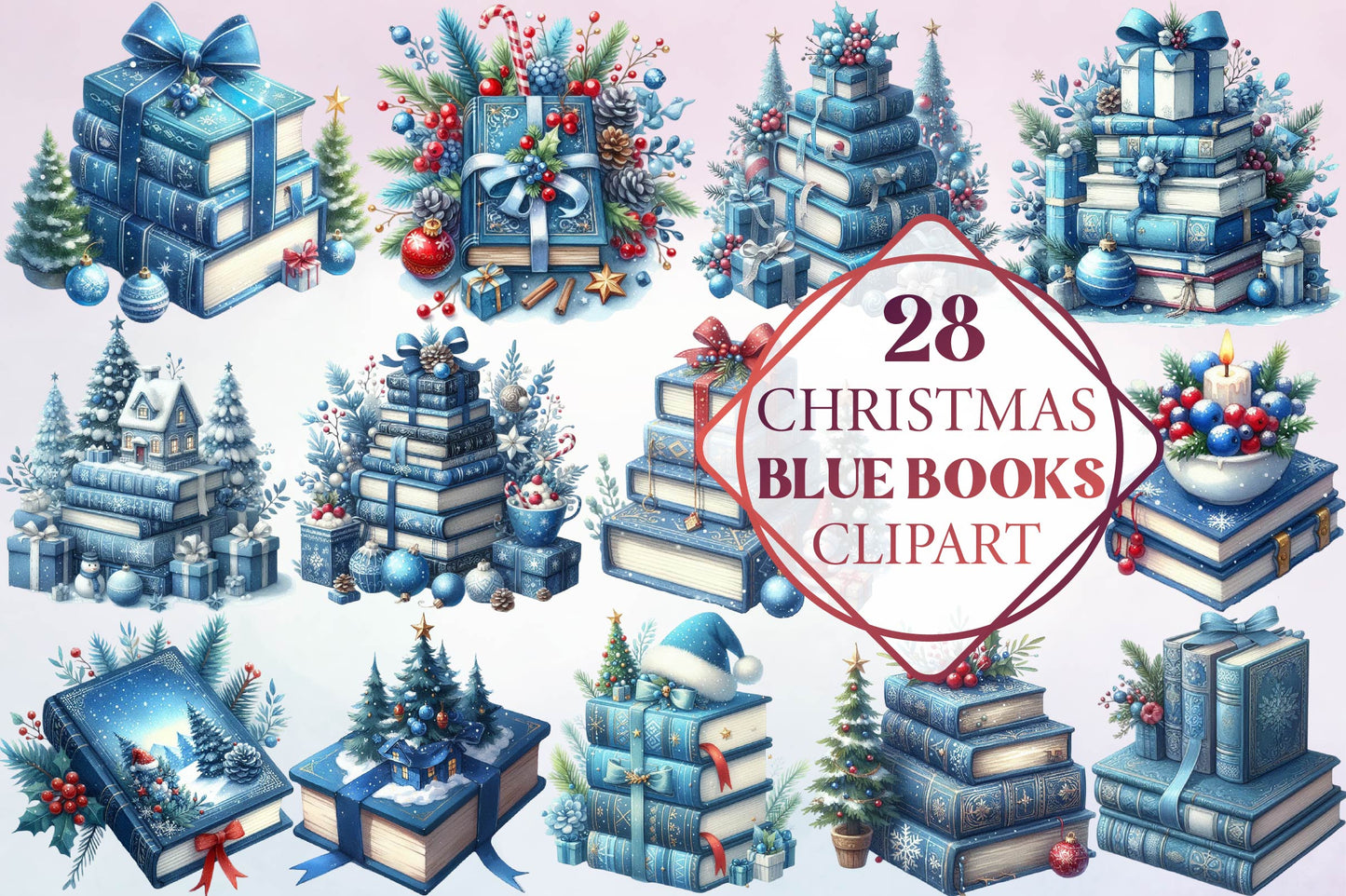 Christmas Blue Books Clipart Bundle 28 Winter Book Designs