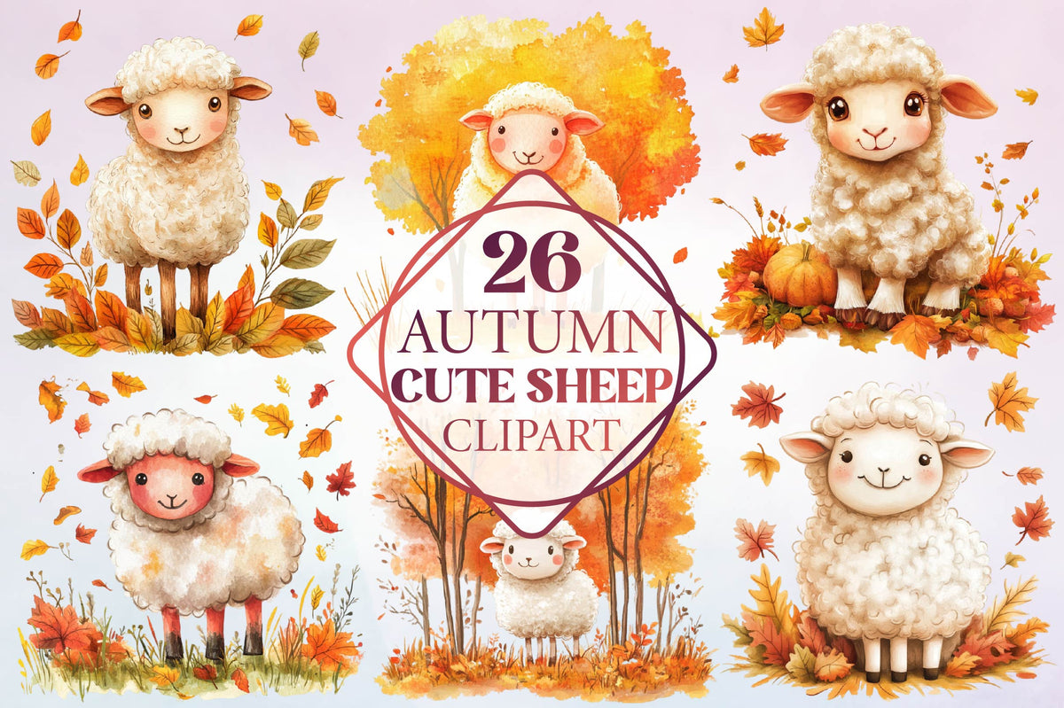 26 Autumn Cute Sheep Clipart Bundle