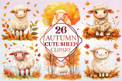 26 Autumn Cute Sheep Clipart Bundle