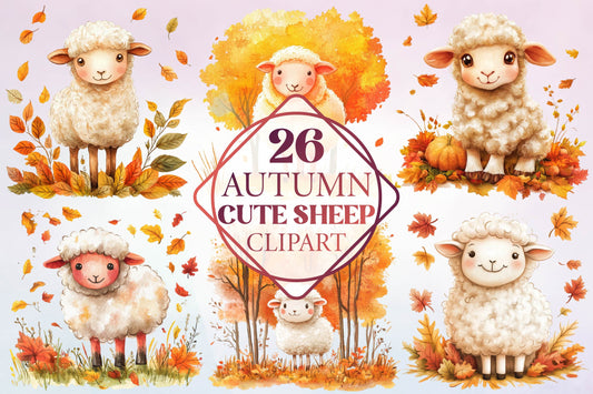 26 Autumn Cute Sheep Clipart Bundle