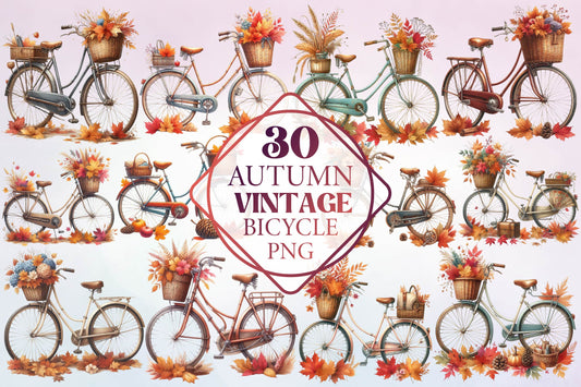 Autumn Vintage Bicycle Watercolor Clipart PNG Bundle