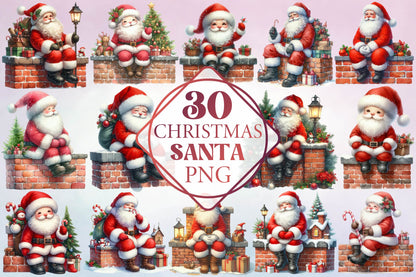 Christmas Santa on Brick Chimney Watercolor Clipart PNG Bundle