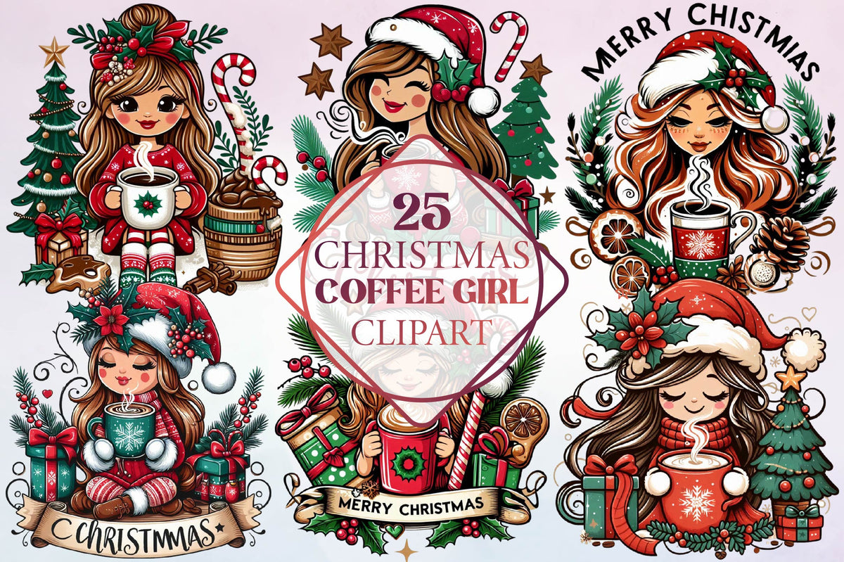 25 Christmas Coffee Girl Clipart Bundle PNG, Christmas Coffee Sublimation