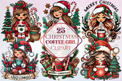 25 Christmas Coffee Girl Clipart Bundle PNG, Christmas Coffee Sublimation