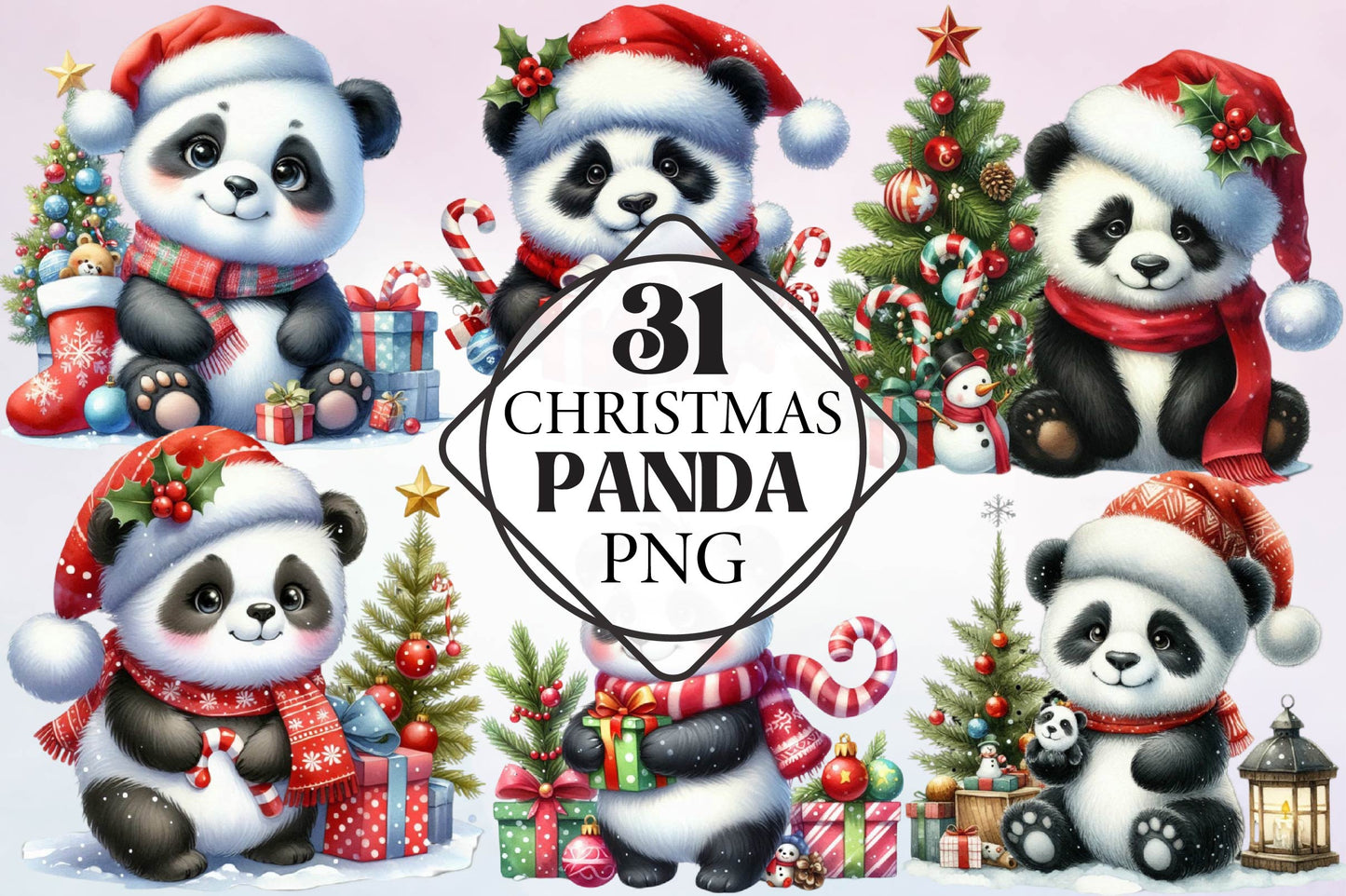 Christmas Panda Watercolor Clipart PNG Bundle