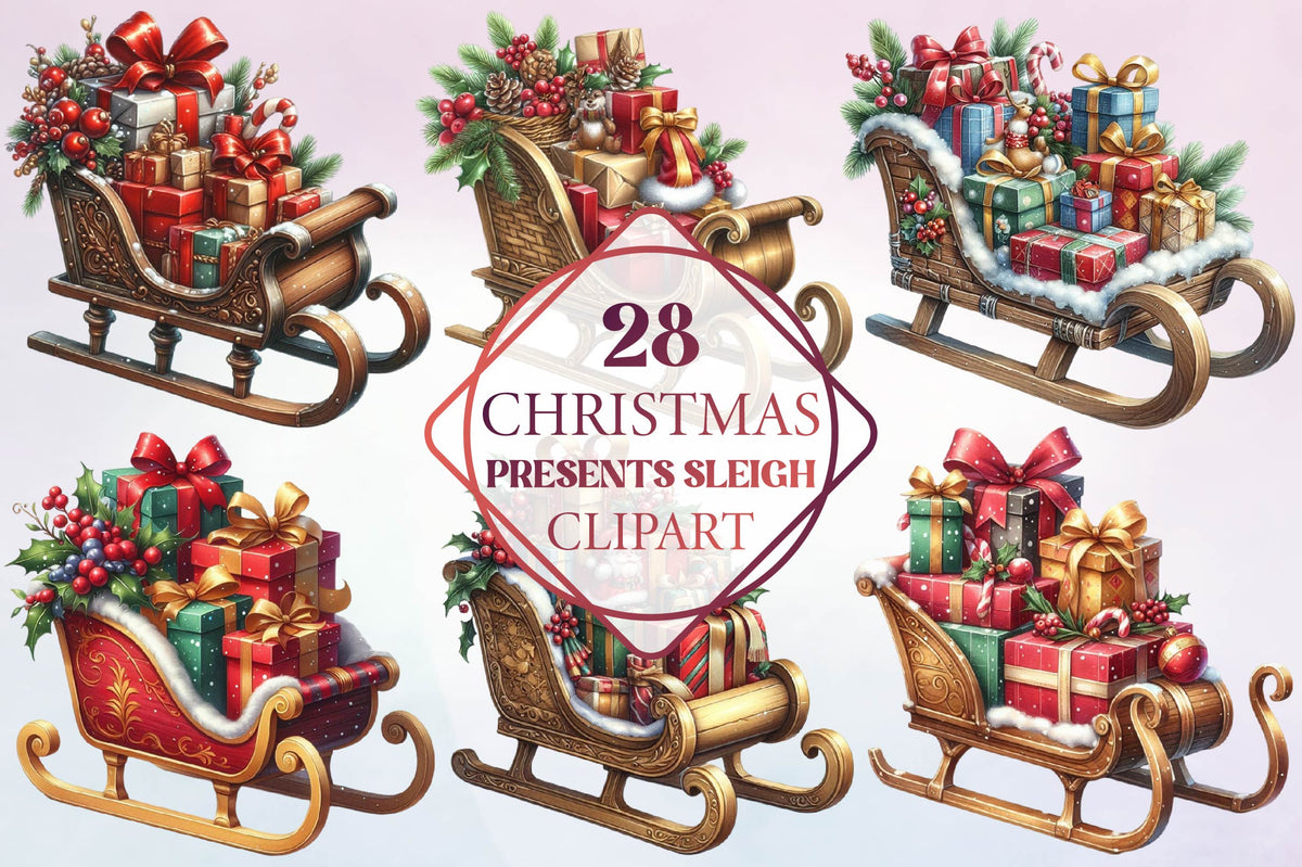 28 Christmas Presents Sleigh Clipart Bundle PNG, Christmas Gift Sleigh Sublimation