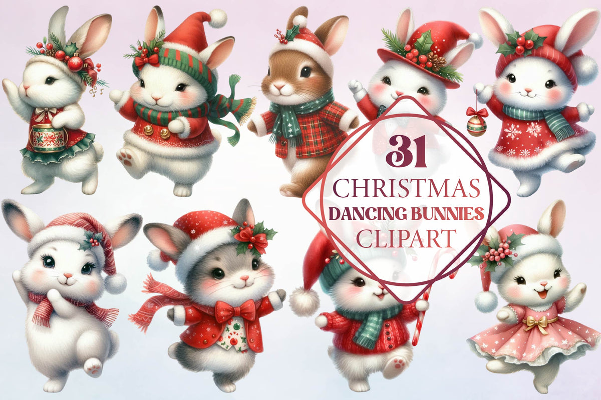 Christmas Dancing Bunnies Clipart Bundle 31 Bunny PNG Designs