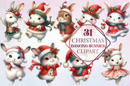 Christmas Dancing Bunnies Clipart Bundle 31 Bunny PNG Designs