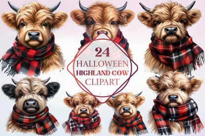 24 Halloween Highland Cow Clipart Bundle