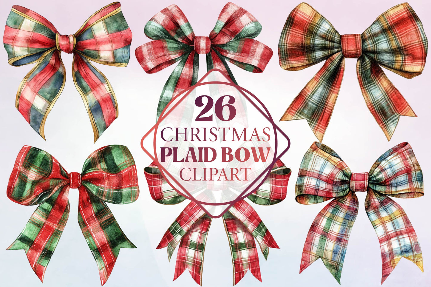 26 Christmas Plaid Bow Clipart Bundle