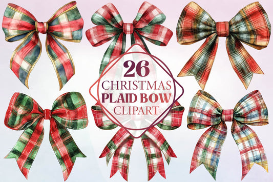 26 Christmas Plaid Bow Clipart Bundle