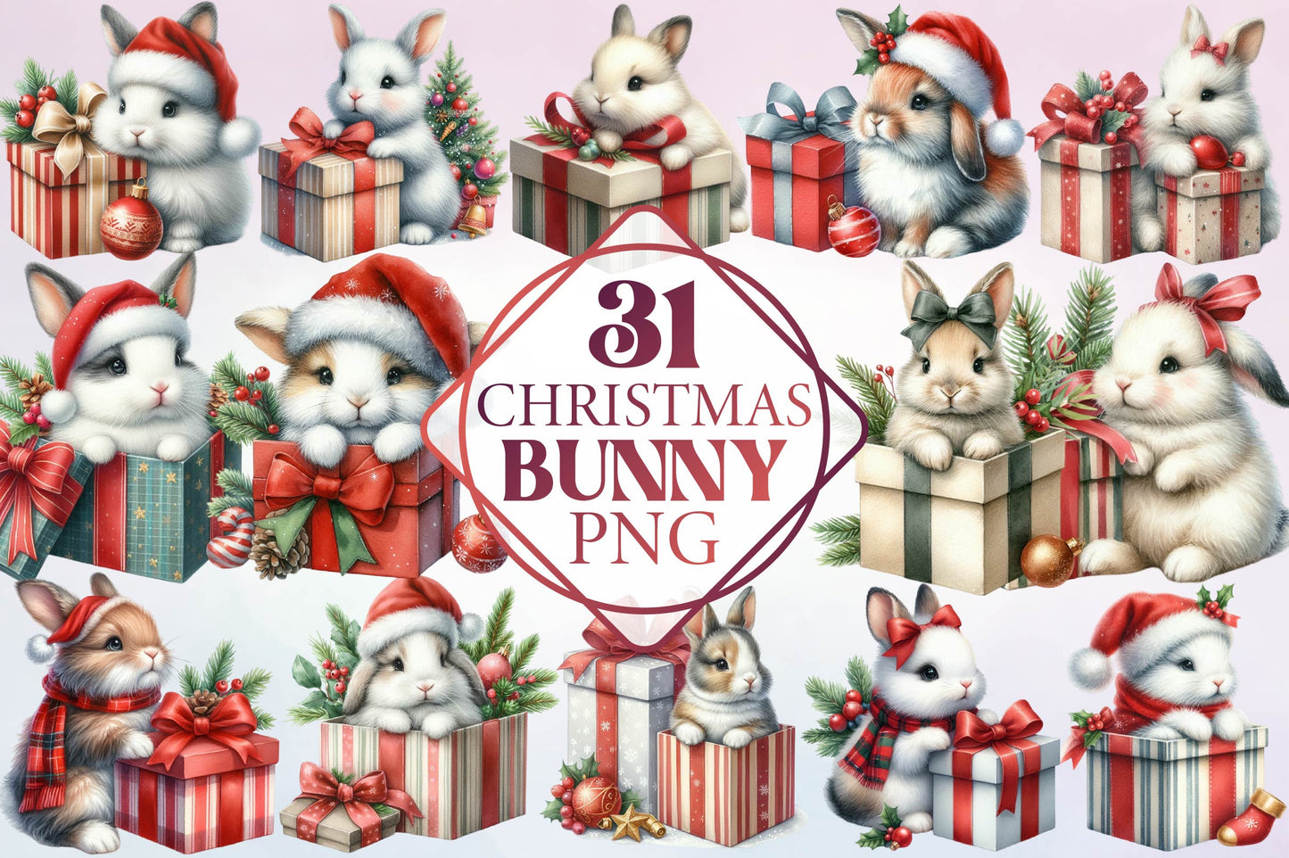 Christmas Bunny PNG Bundle 31 Cute Holiday Rabbit Designs