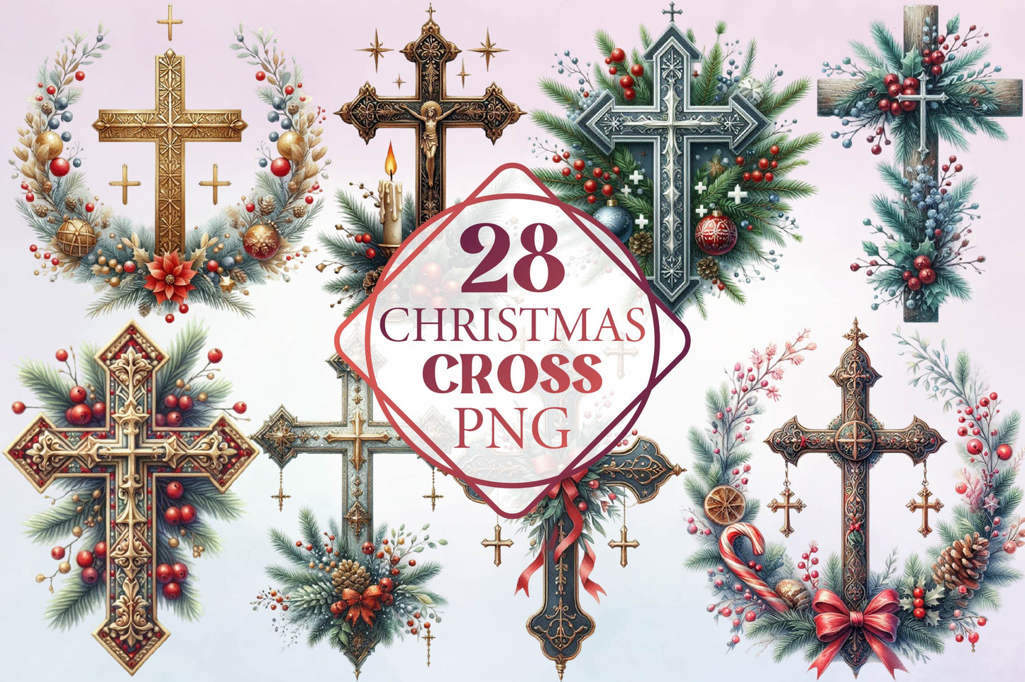 Christmas Cross PNG Bundle 28 Religious Holiday Cross Designs
