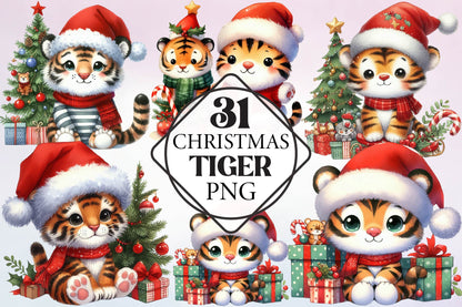 Christmas Tiger Watercolor Clipart PNG Bundle