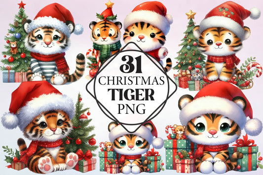 Christmas Tiger Watercolor Clipart PNG Bundle