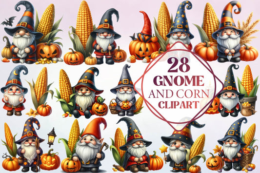 28 Halloween Gnome and Corn Clipart PNG Bundle