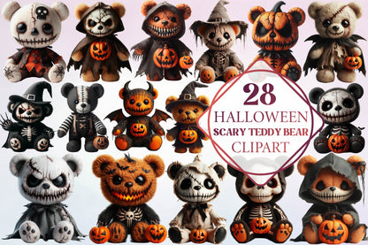 28 Halloween Scary Teddy Bear Clipart PNG Bundle