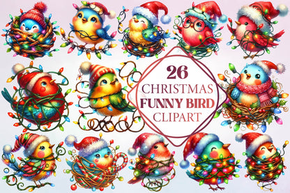 26 Christmas Funny Bird Clipart Bundle