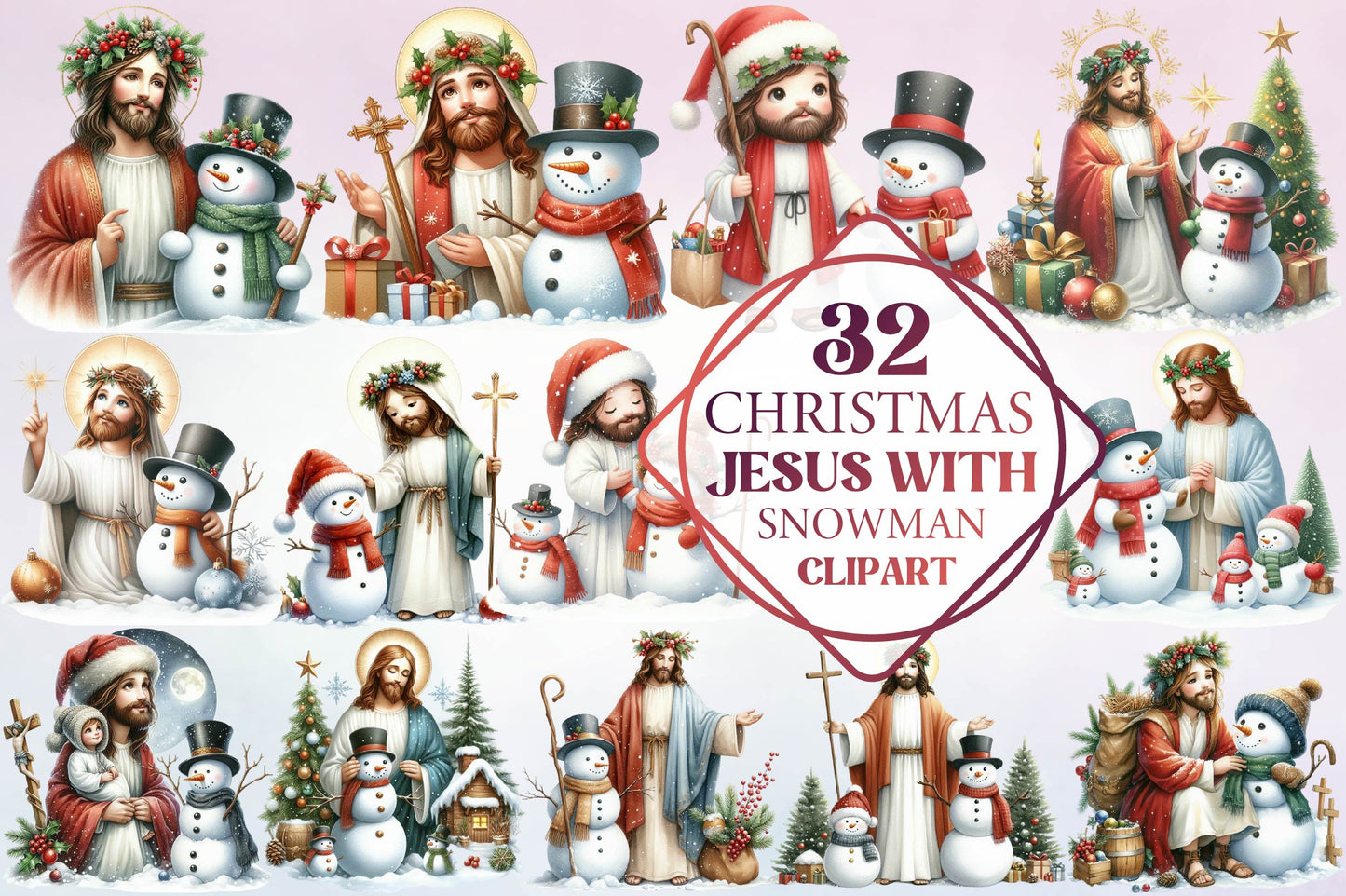 32 Christmas Jesus With Snowman Clipart Bundle