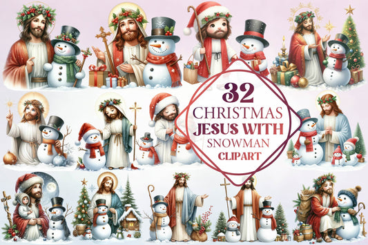 32 Christmas Jesus With Snowman Clipart Bundle