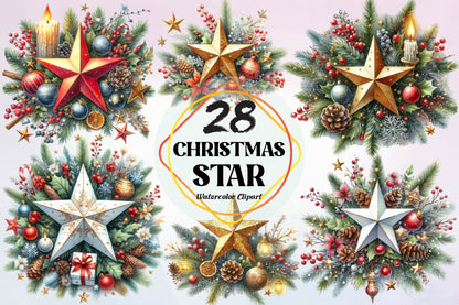 Christmas Star Watercolor Clipart PNG Bundle