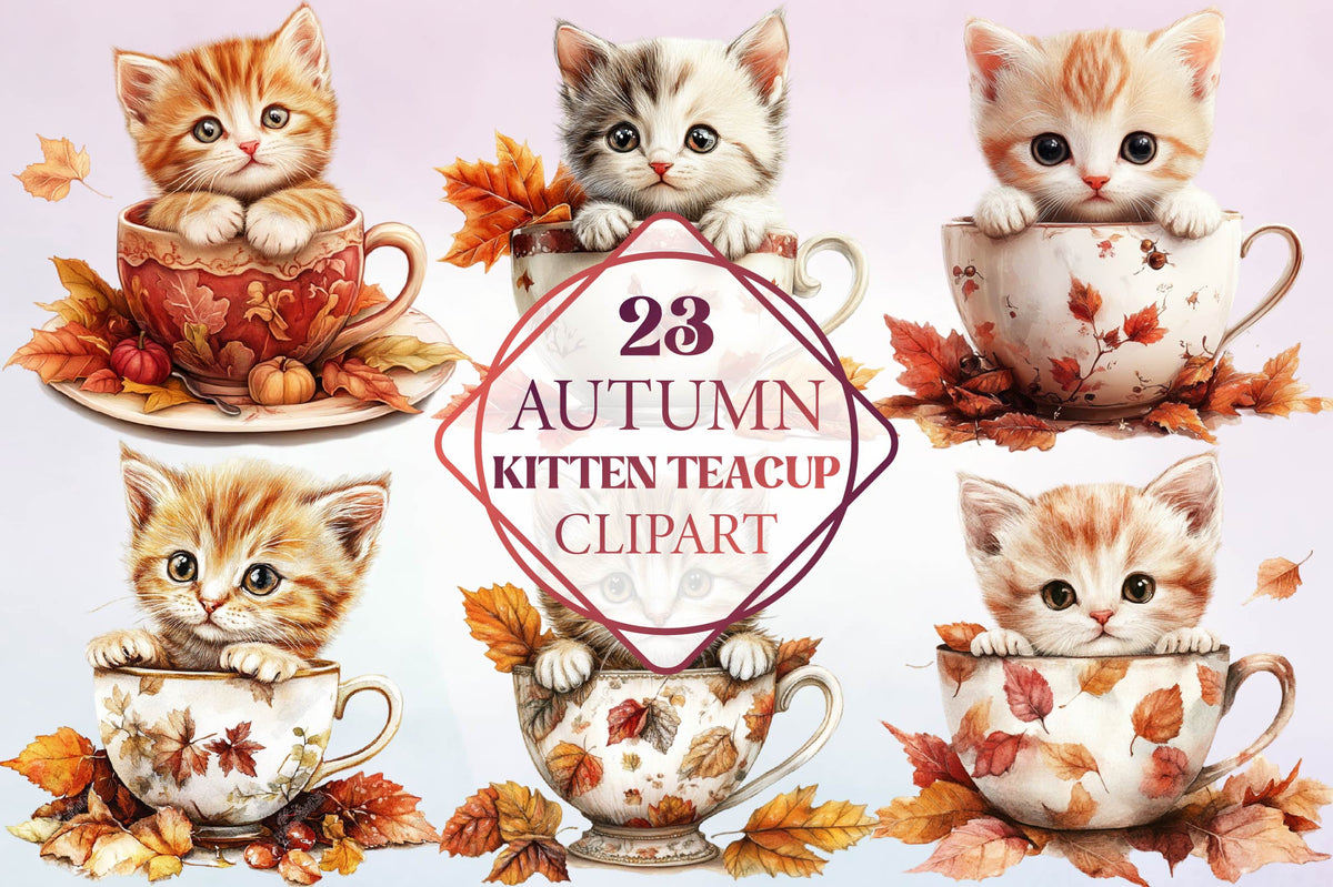 Autumn Kitten Teacup Clipart Bundle 23 Fall Cat Designs