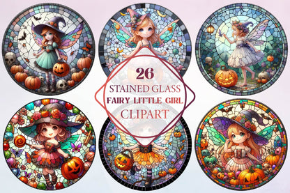26 Stained Glass Fairy Little Girl Clipart Bundle PNG, Halloween Fairy Girl Pumpkin Gothic Fantasy