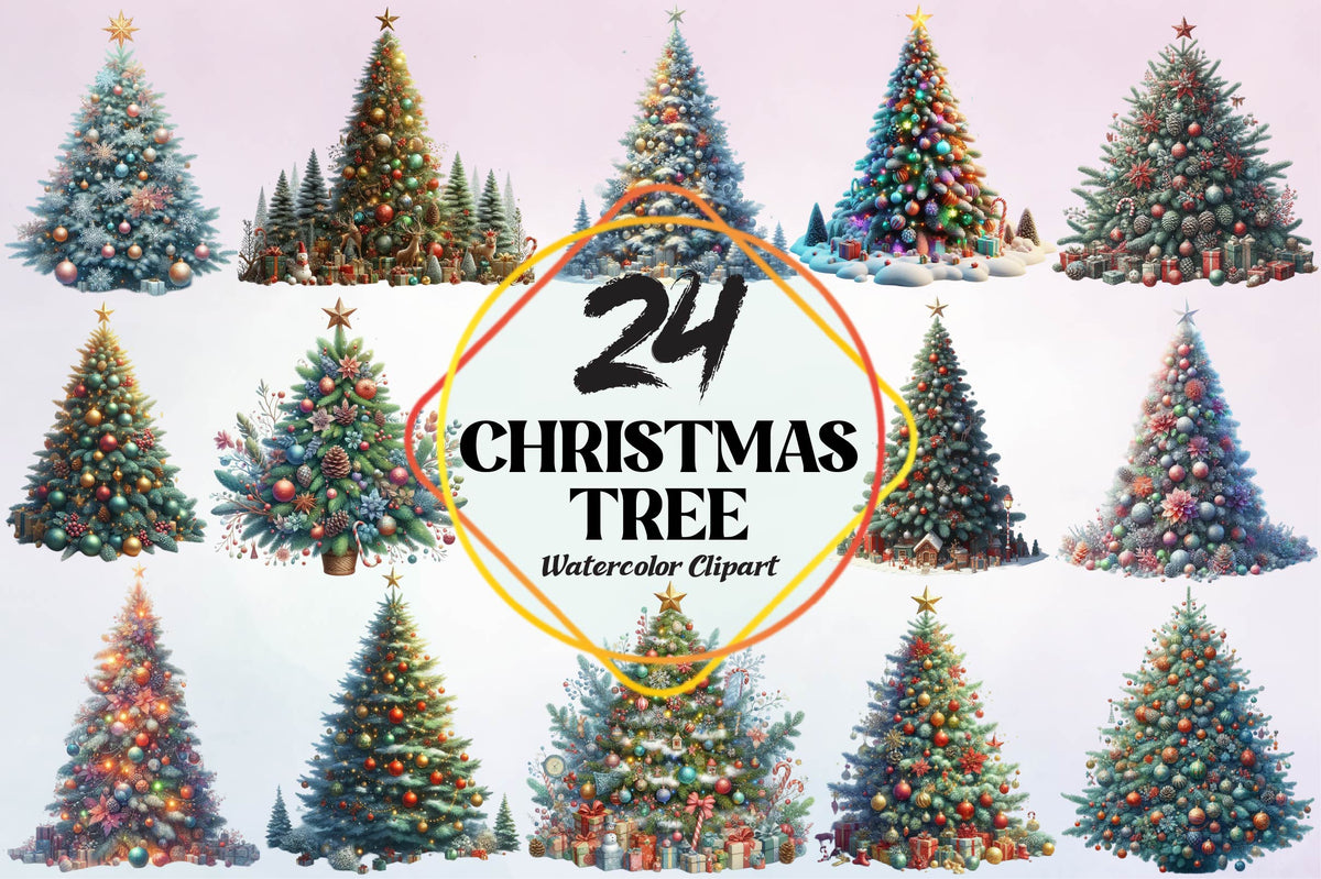 Christmas Tree Watercolor Clipart PNG Bundle