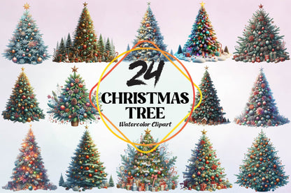 Christmas Tree Watercolor Clipart PNG Bundle