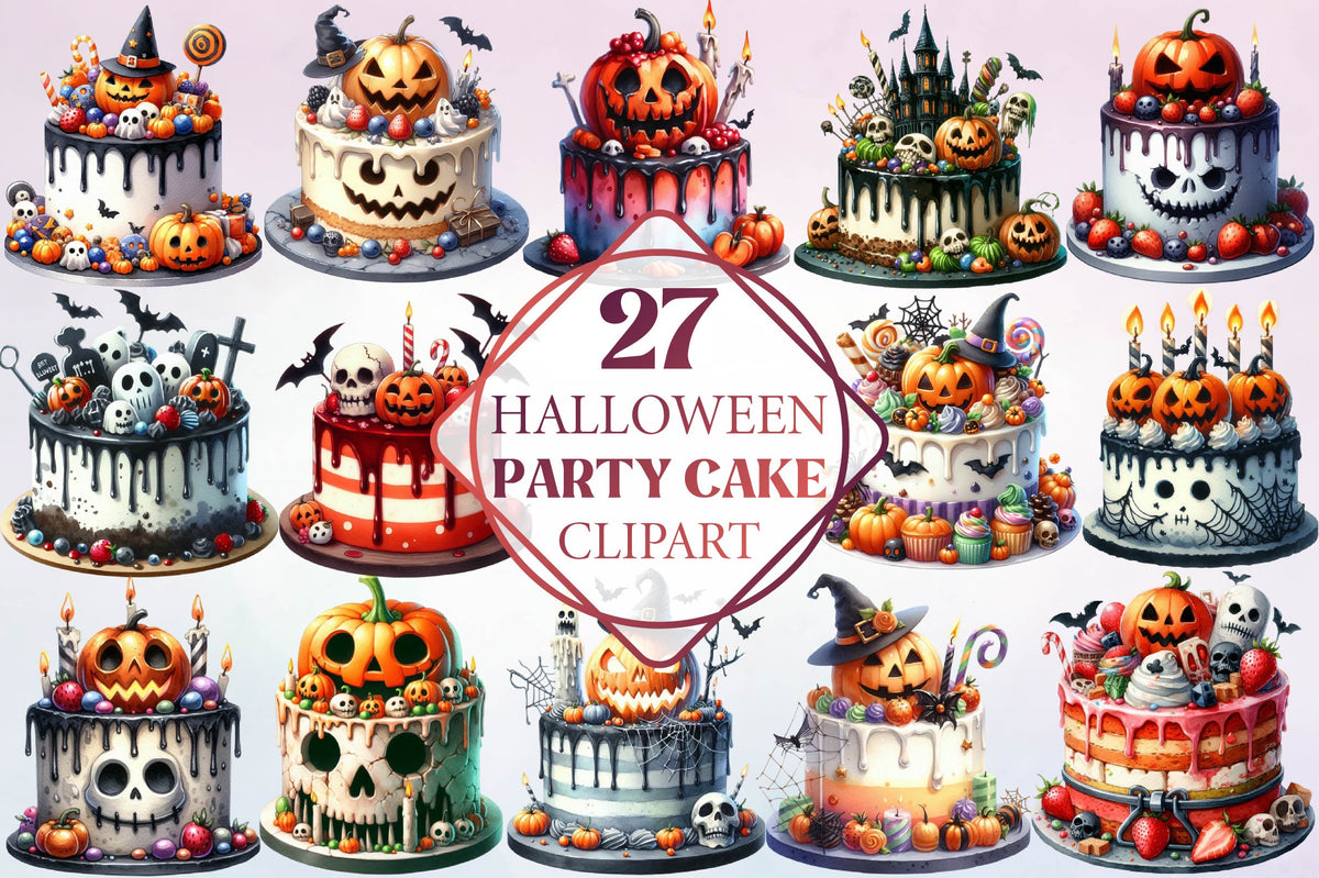 27 Halloween Party Cake Clipart PNG Bundle
