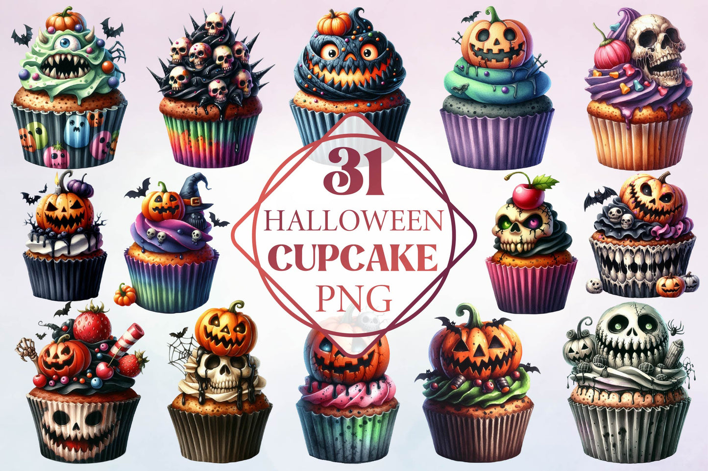 Halloween Cupcake Watercolor Clipart PNG Bundle