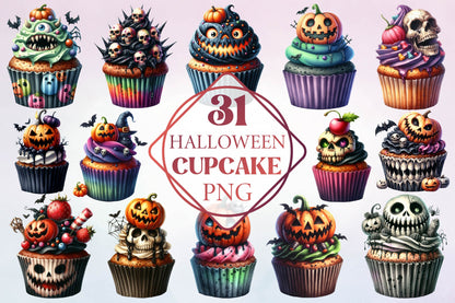 Halloween Cupcake Watercolor Clipart PNG Bundle
