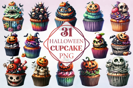 Halloween Cupcake Watercolor Clipart PNG Bundle