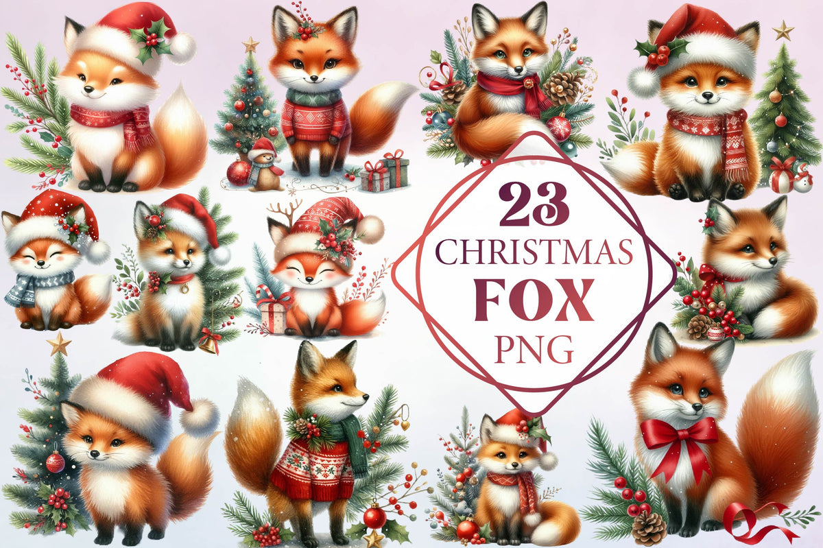 Christmas Fox PNG Clipart Bundle 23 Cute Holiday Fox Designs