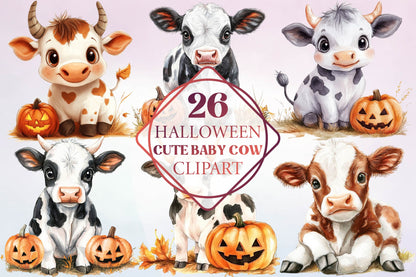 26 Halloween Cute Baby Cow Clipart Bundle
