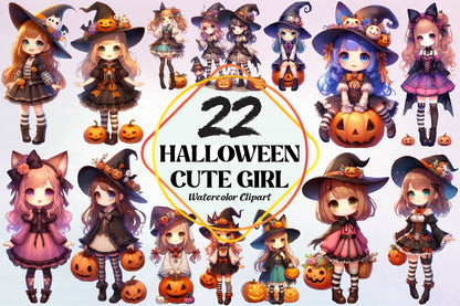 22 Halloween Cute Girl Watercolor Clipart PNG Bundle