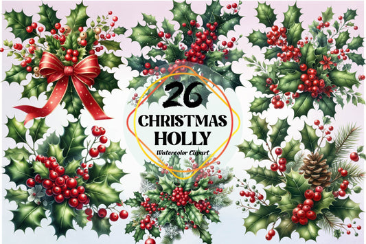 Christmas Holly Watercolor Clipart PNG Bundle