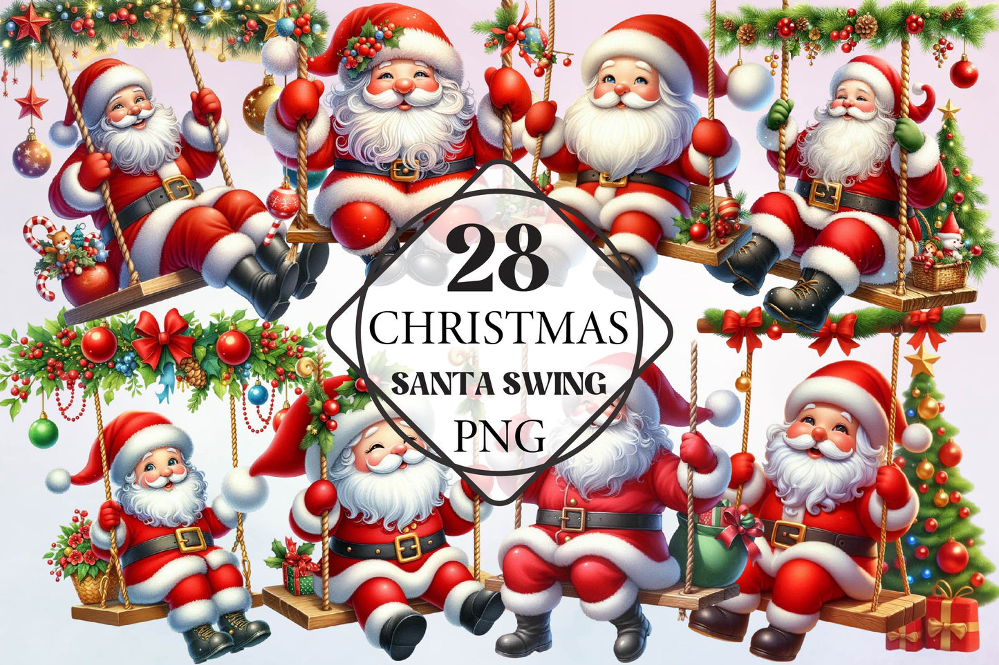 Christmas Santa Swing Watercolor Clipart PNG Bundle